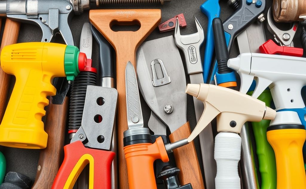 A close-up of various pest control tools and home repair supplies.