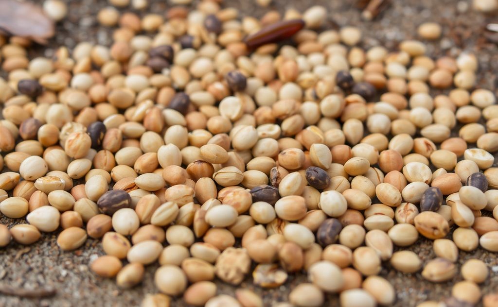 A close-up of various seeds scattered on a natural surface.