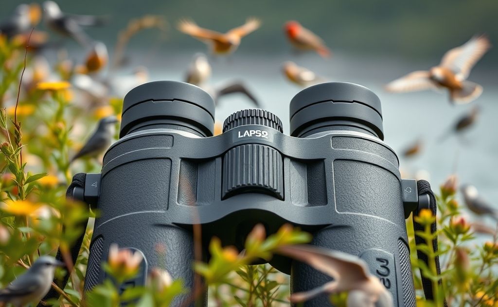 A close-up of waterproof binoculars surrounded by nature and birds.