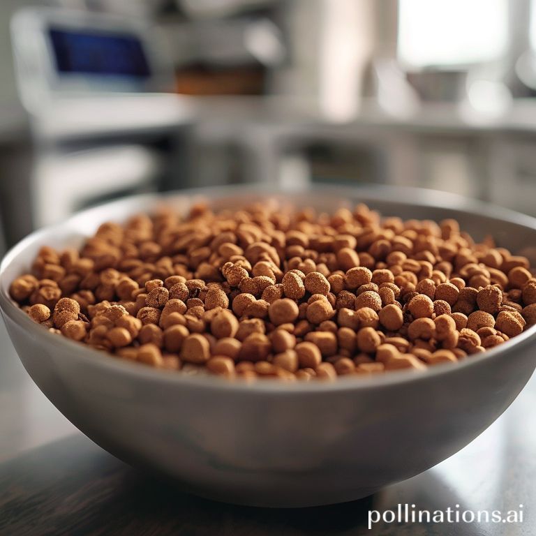 صورة مقربة لوجبة طعام كلاب علاجية خاصة بأمراض الكلى، تظهر حبيبات الطعام الجاف الصغيرة، مع تركيز على تفاصيل التركيبة واللون، في بيئة عيادة بيطرية.