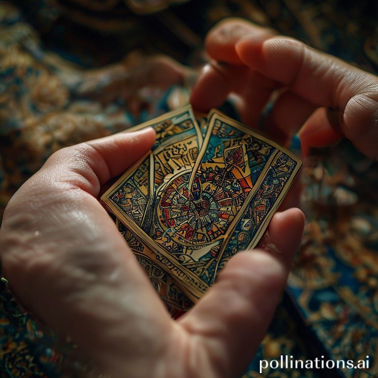A close-up shot of a hand holding a tarot card, with intricate details and symbols visible.