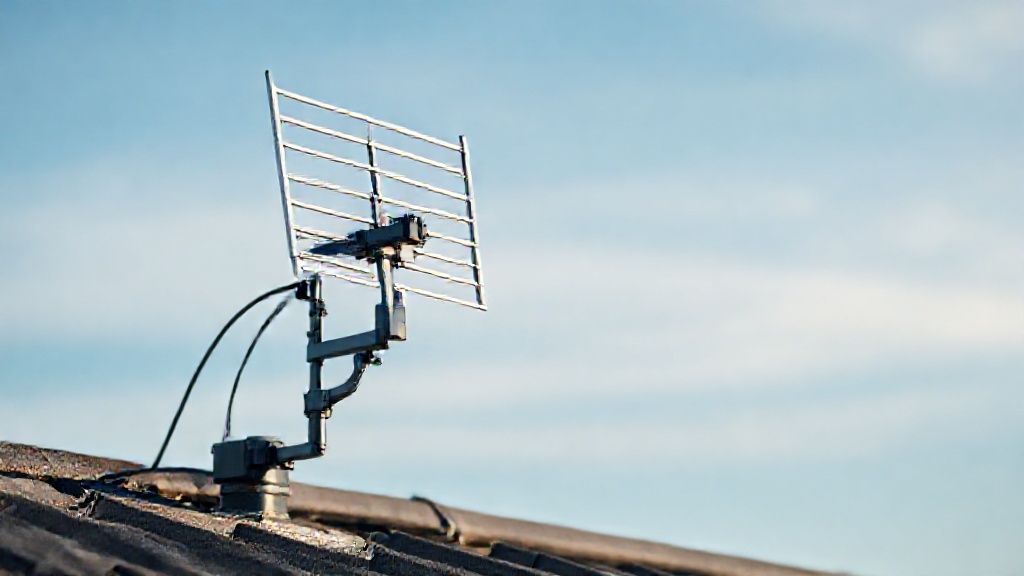 A close-up shot of a modern, sleek outdoor UHF antenna mounted on a rooftop with a clear sky in the background, symbolizing strong signal reception.
