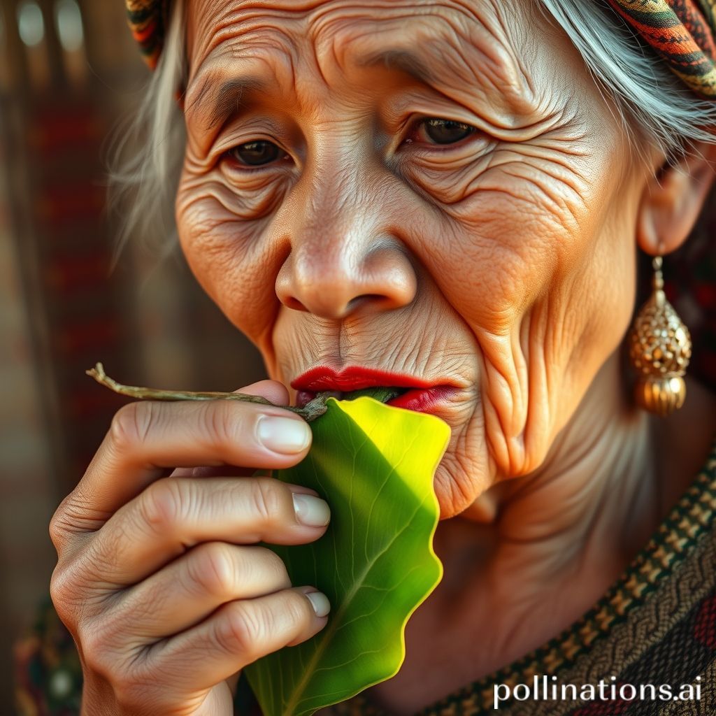 A close-up shot of an elderly indigenous Indonesian woman from Eastern Indonesia (e.g., Flores, Papua, or Sumba) gently chewing betel nut. Her lips show the distinctive red stain. She holds a fresh betel leaf in her hand, with traditional patterns or attire subtly visible in the background. The lighting is warm and natural, emphasizing her wisdom and the cultural significance of the act. The image should convey authenticity and tradition.