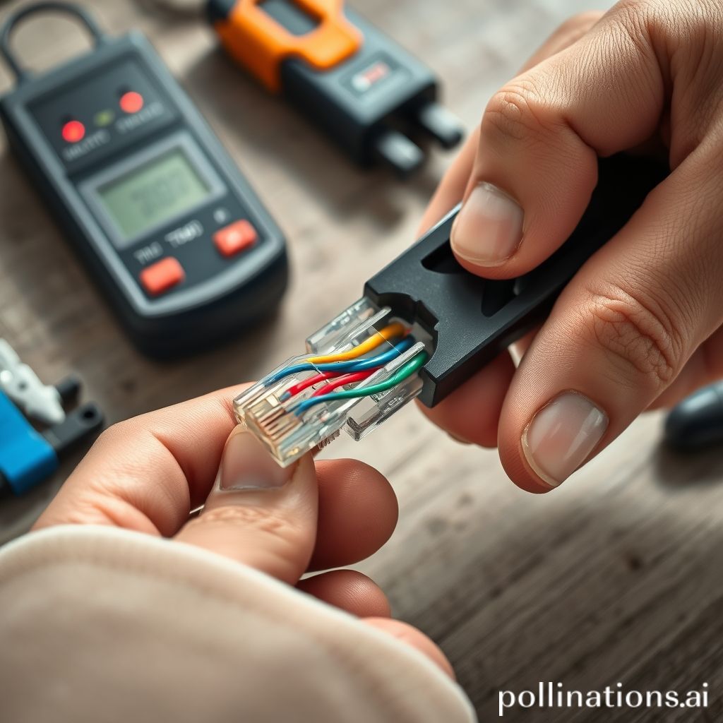 A close-up shot of hands holding a crimping tool, pressing an RJ45 connector onto a network cable. The cable wires are visible, neatly arranged in their color sequence according to T568B standard. In the background, subtly blurred, are other tools like a cable tester and wire stripper on a workbench. The lighting is bright and clear, emphasizing the detail of the crimping process.