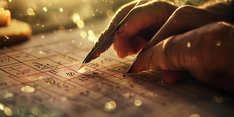 A close-up shot of hands tracing ancient numerology charts and calculations with a quill pen, bathed in soft, mystical light.