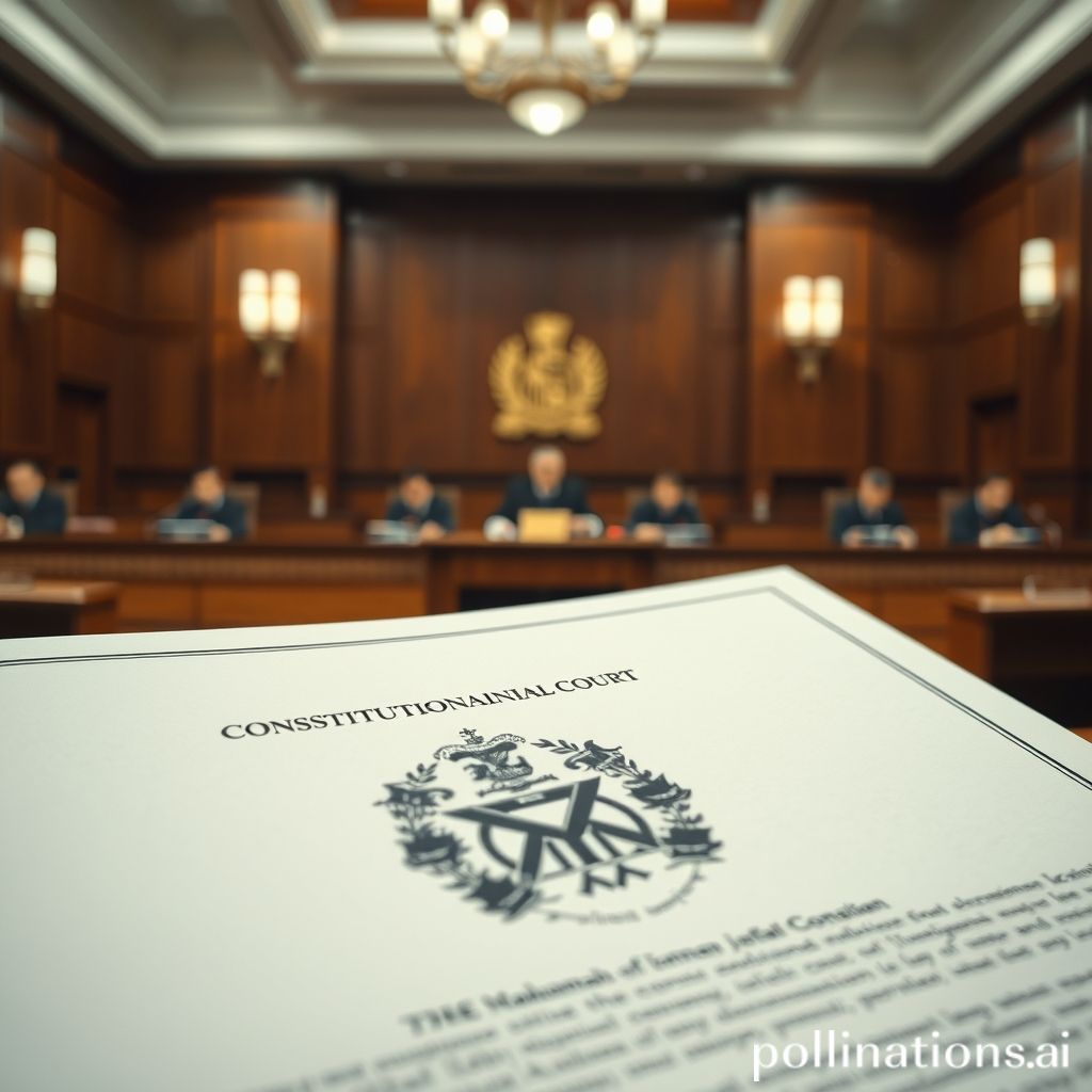 A close-up shot of official court documents with the logo of the Constitutional Court (Mahkamah Konstitusi - MK) visible. In the background, there's a blurred image of judges or legal figures in a courtroom setting, conveying a sense of legal scrutiny and high-stakes proceedings. The overall tone is serious and formal, reflecting judicial processes.