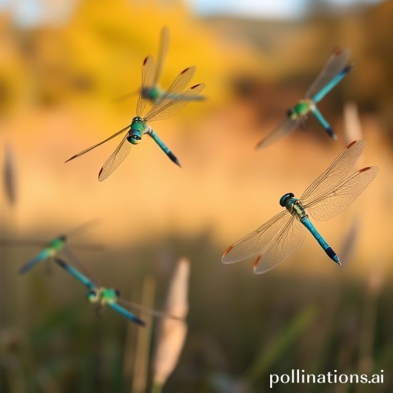 Sekawanan capung hijau darner umum yang sedang bermigrasi melesat di langit musim gugur yang cerah, menunjukkan keindahan dan misteri perjalanan mereka.