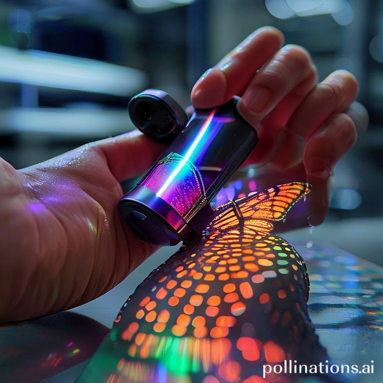 Close-up tangan memegang perangkat MorphoChrome, melukis cahaya laser RGB pada objek, menciptakan pola iridesen yang berubah warna.