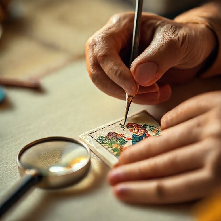 A close-up, highly detailed shot of an artist's hands meticulously working on a miniature painting. The artist is using a very fine, pointed brush to apply tiny strokes of vibrant color onto a small piece of ivory or high-quality paper. A magnifying glass is positioned nearby, reflecting the intricate details of the painting, which depicts a scene inspired by Mughal or Persian miniatures (e.g., a figure in traditional attire, intricate flora, or detailed architecture). The background is softly blurred, focusing entirely on the precision and dedication of the artistic process. The lighting is warm and clear, highlighting the fine textures and colors.