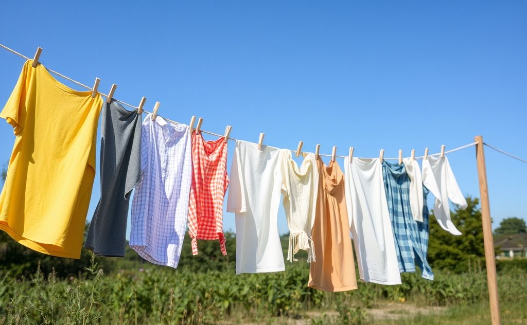 A clothesline with freshly washed clothes drying in the sun.