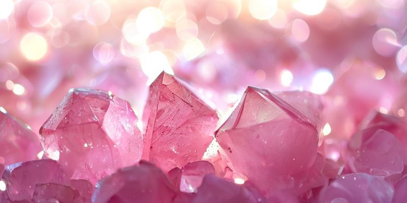 Gül kuvars kristallerinin kümesi, yumuşak, pembe bir ışıkla parlıyor. Arka plan yumuşak renklerden oluşan nazik bir bokeh.