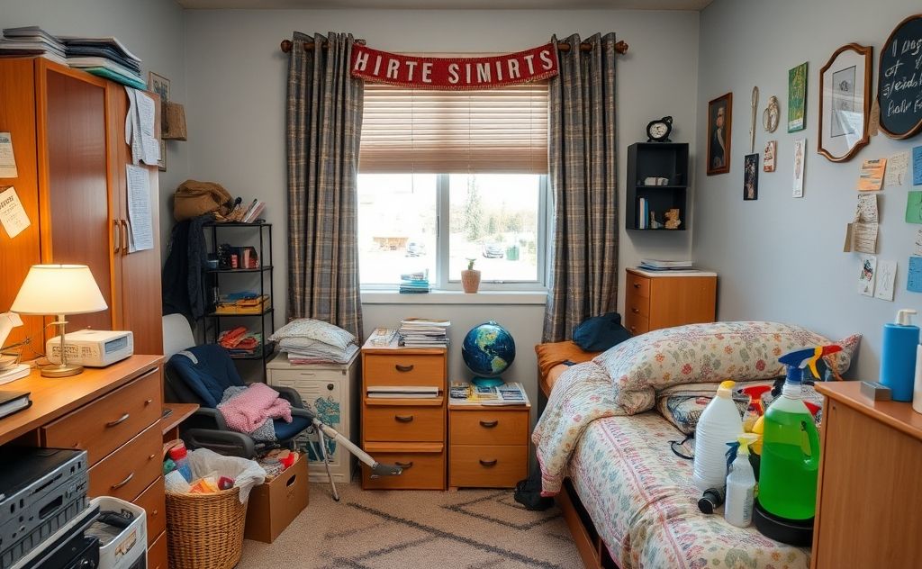A cluttered college dorm room with cleaning supplies and a timer.