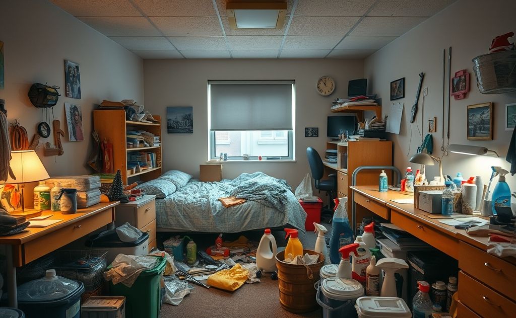 A cluttered college dorm room with cleaning supplies and tools.