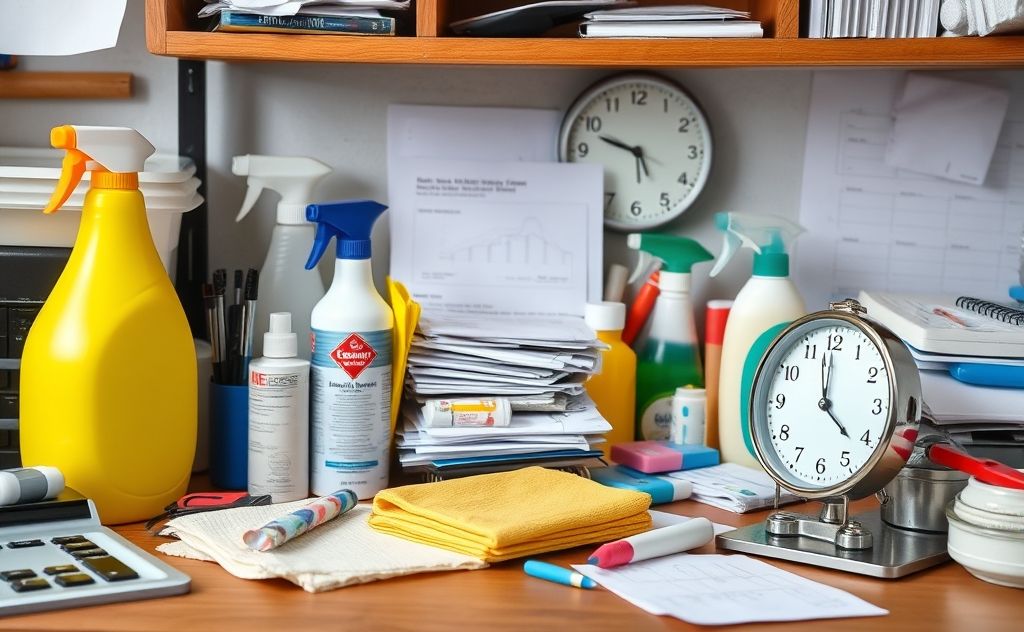 A cluttered desk with cleaning supplies and a clock showing time.