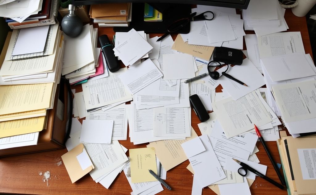 A cluttered desk with scattered papers and disorganized items.
