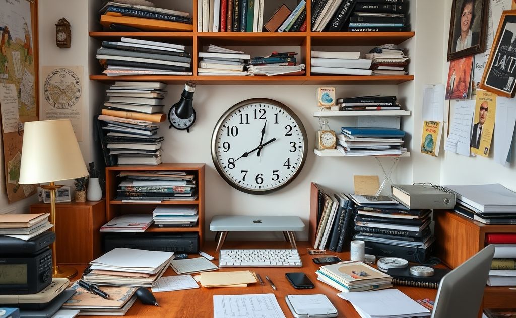 A cluttered home office with a clock and distractions around it.