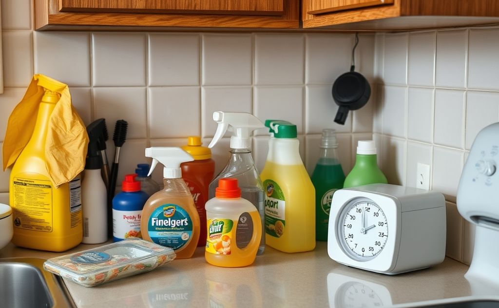 A cluttered kitchen with cleaning supplies and a timer.