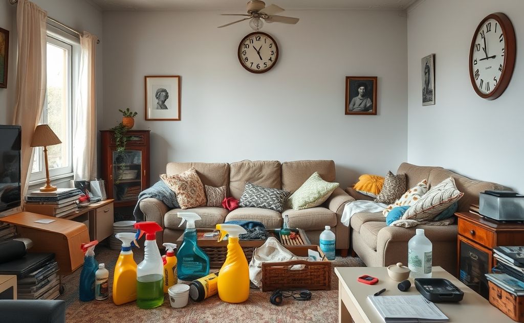A cluttered living room with cleaning supplies and a clock ticking.