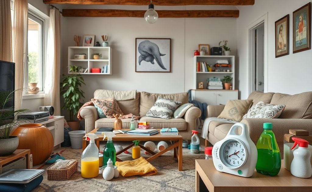 A cluttered living room with cleaning supplies and a timer.
