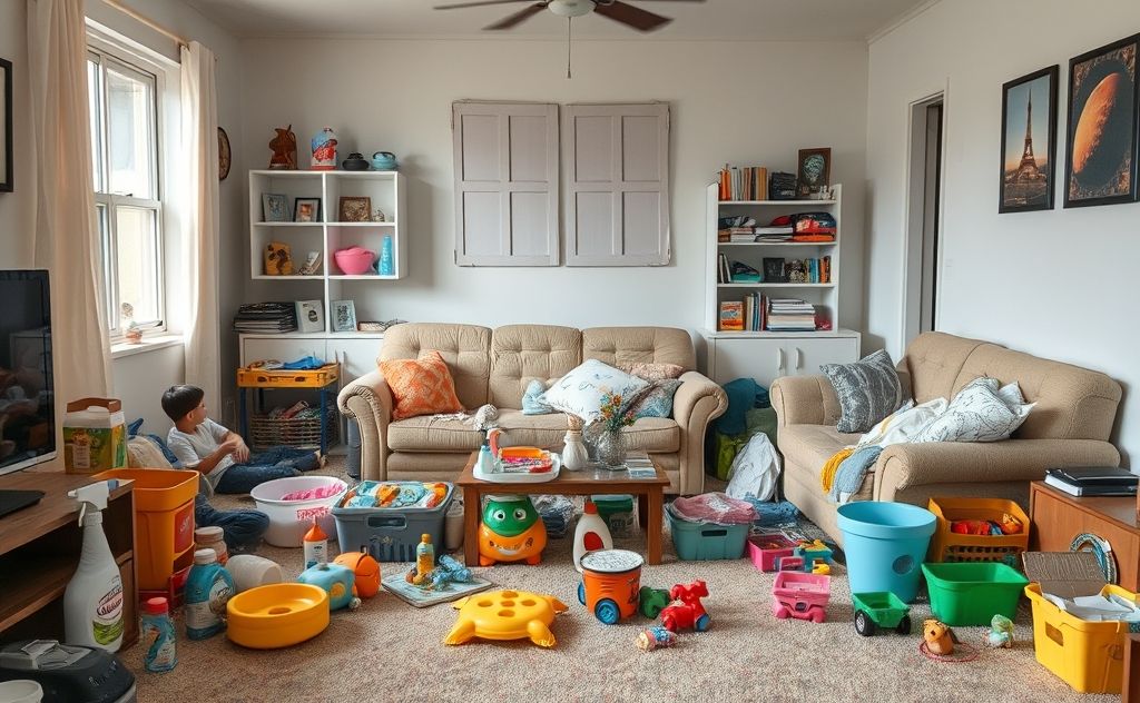 A cluttered living room with cleaning supplies and toys scattered around.