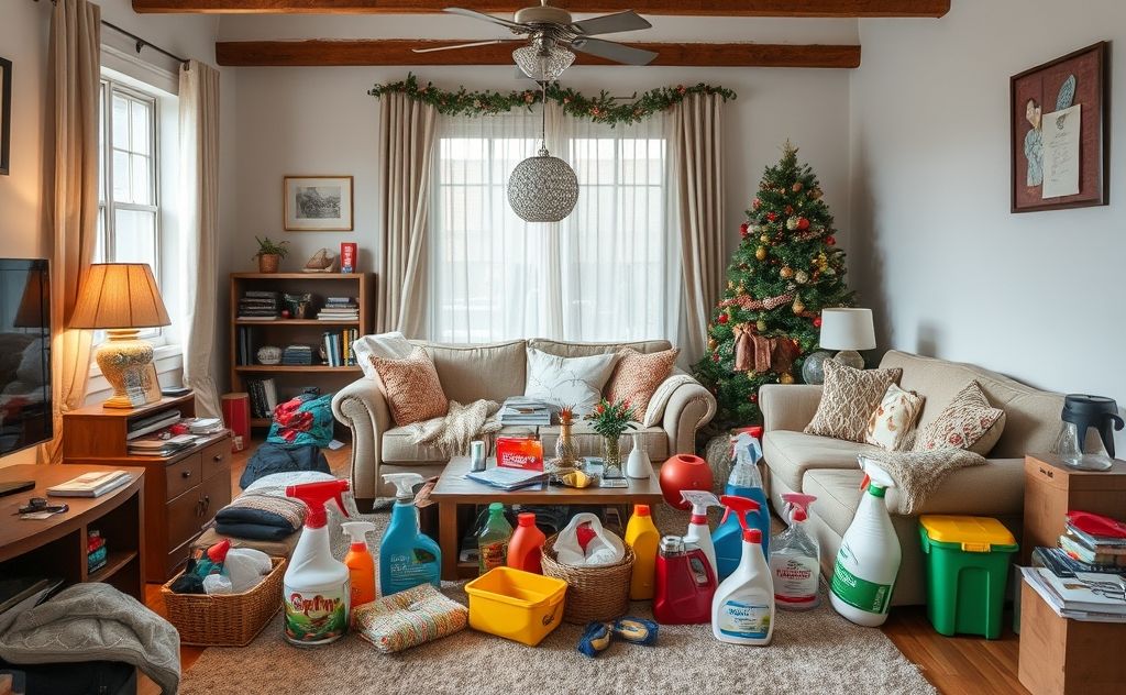 A cluttered living room with cleaning supplies for holiday preparation.