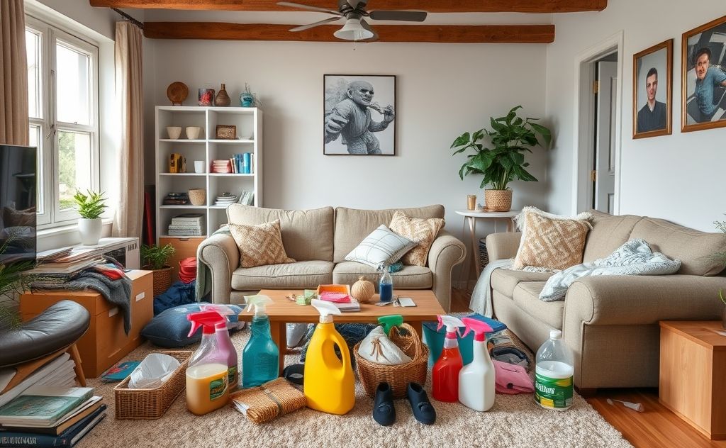 A cluttered living room with cleaning supplies ready for a quick tidy-up.