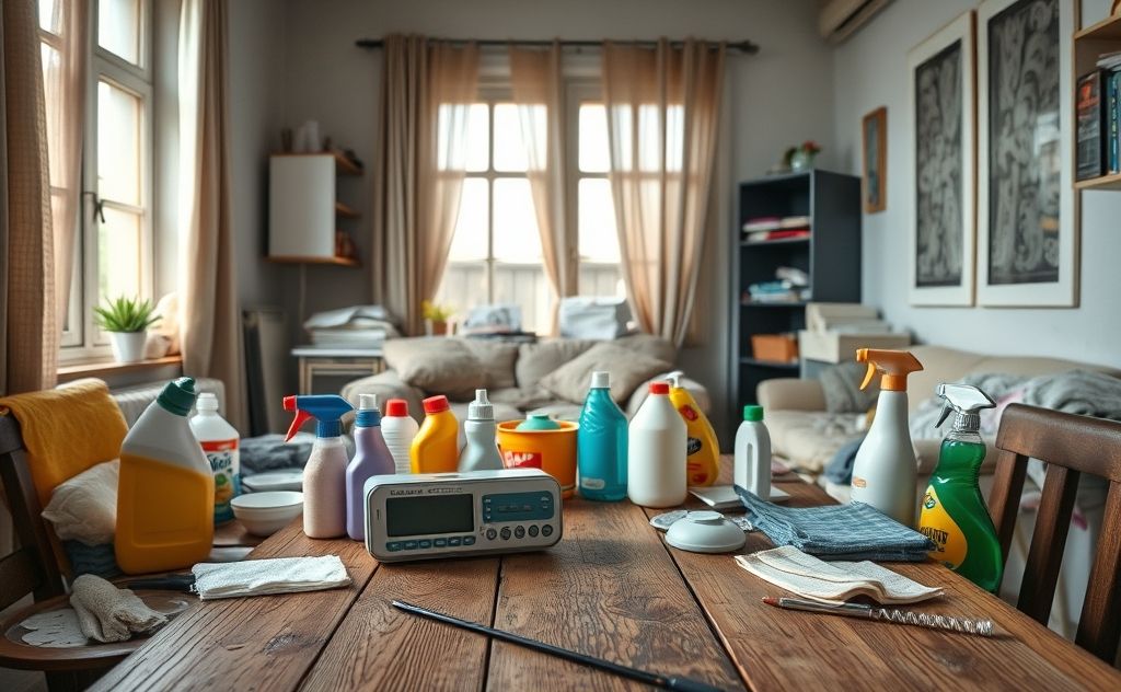 A cluttered rental apartment with cleaning supplies and a timer.