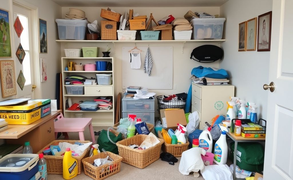 A cluttered room being quickly organized with cleaning supplies.