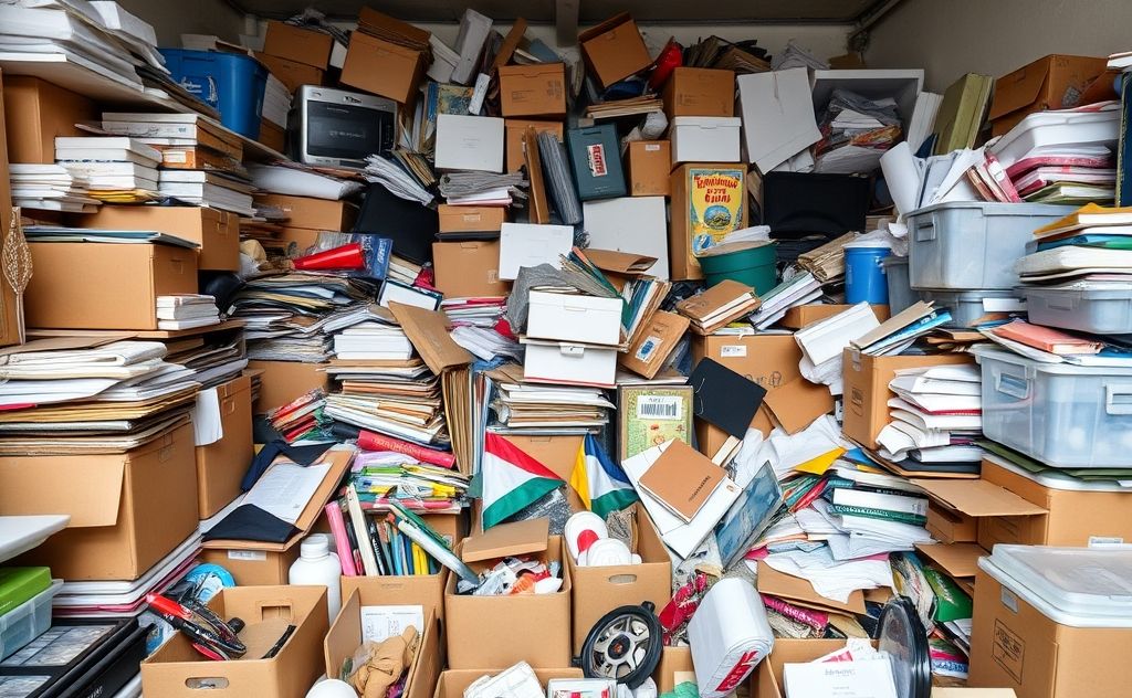 A cluttered room filled with various items ready for sorting.