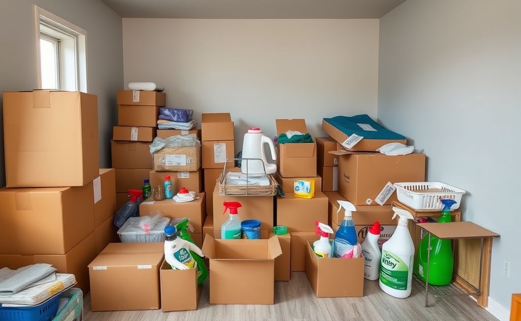 A cluttered room with boxes and cleaning supplies ready for moving out.