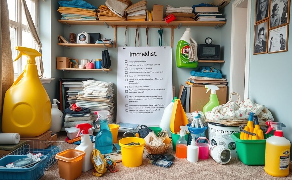 A cluttered room with cleaning supplies and a checklist for improvement.