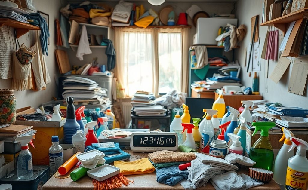 A cluttered room with cleaning supplies and a timer.