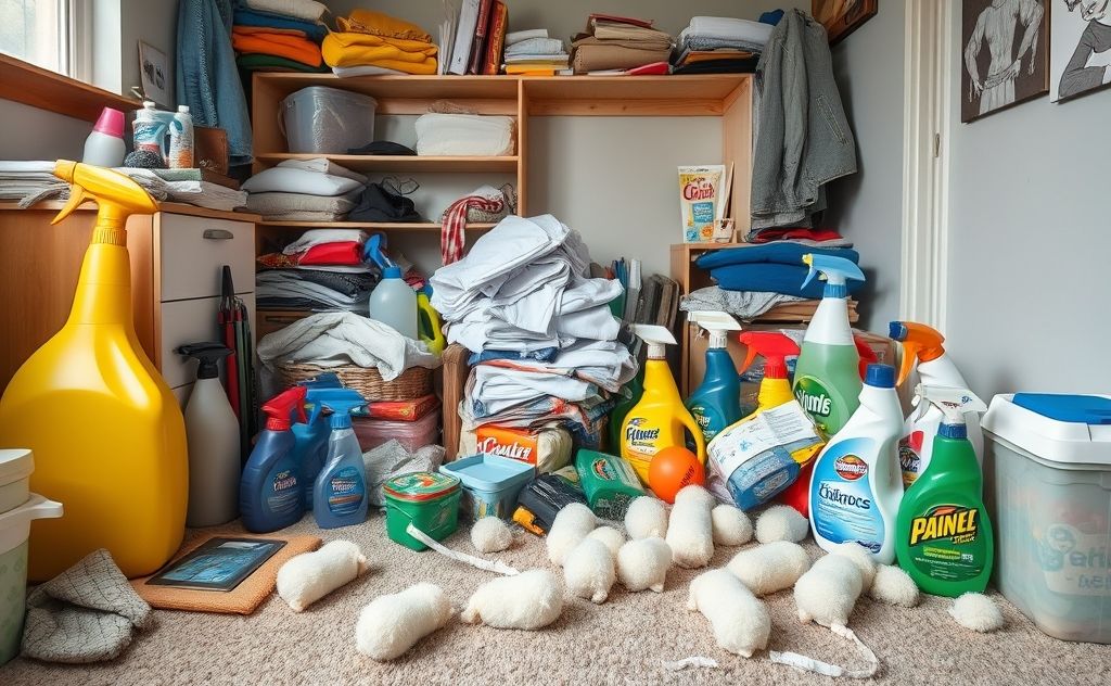 A cluttered room with cleaning supplies and dust bunnies scattered.
