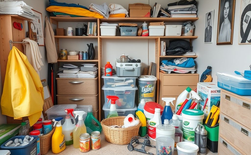 A cluttered room with cleaning supplies and organization tools.