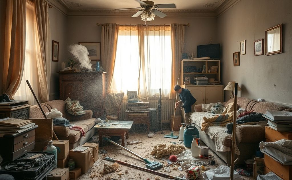 A cluttered room with dust and cleaning supplies in action.