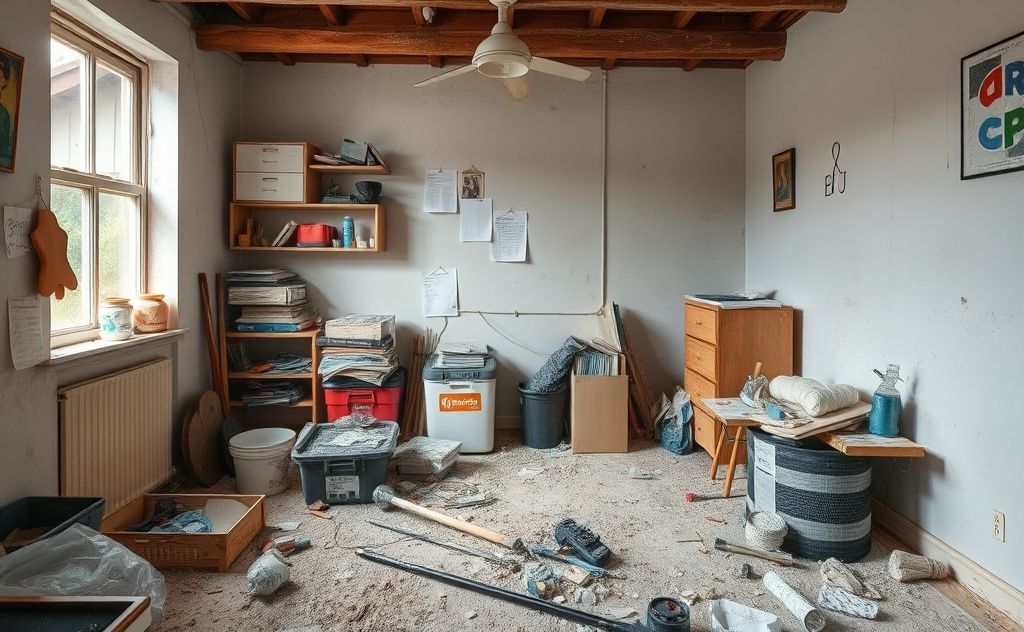 A cluttered room with dust and dirt highlighting cleaning challenges.
