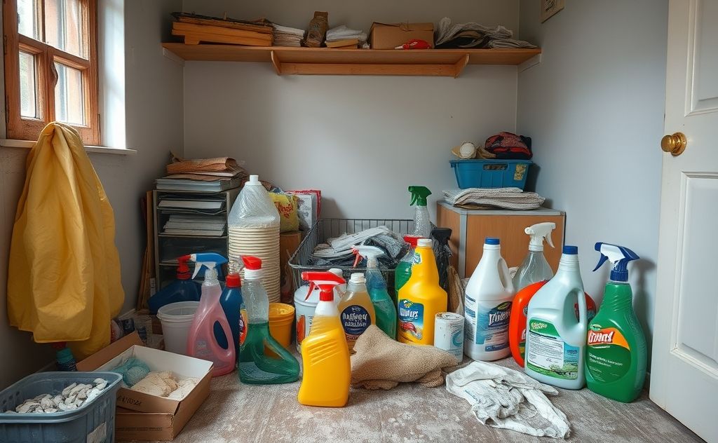 A cluttered room with neglected cleaning supplies and dust.
