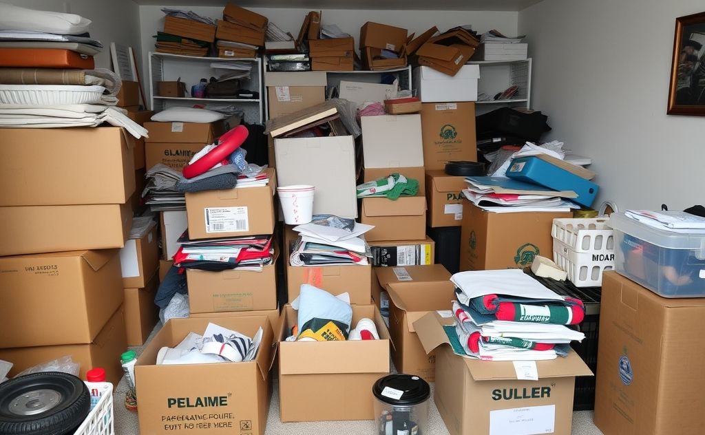 A cluttered room with overflowing storage boxes and disorganized items.