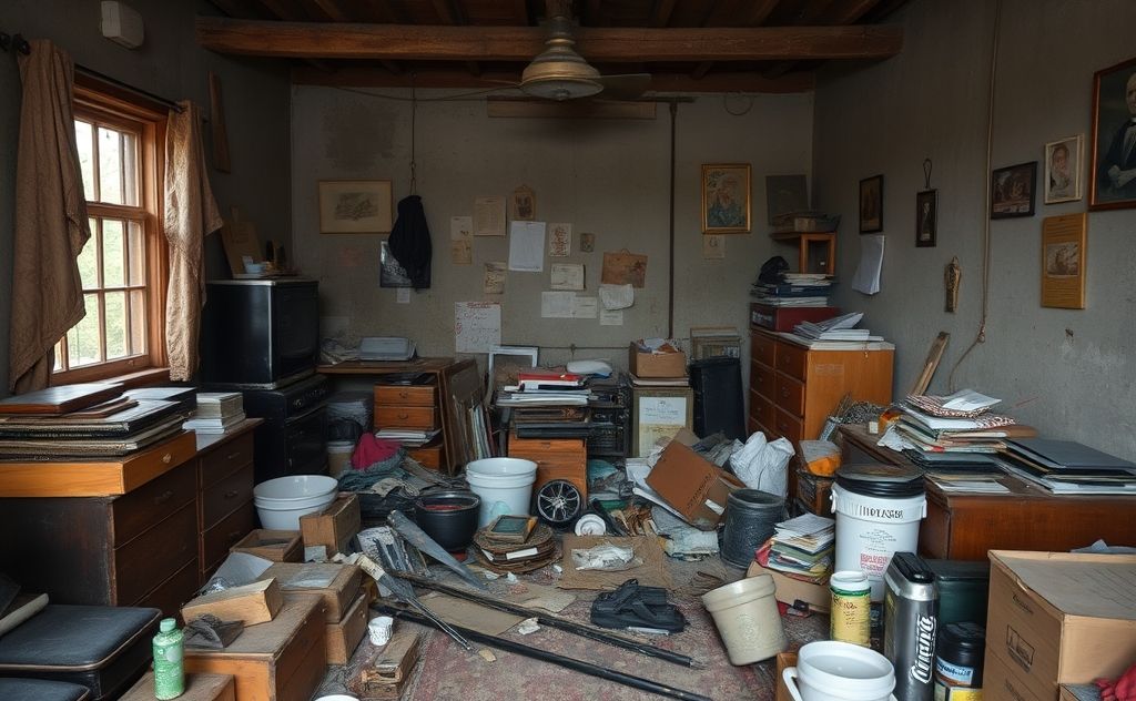 A cluttered room with scattered items and a dim atmosphere.
