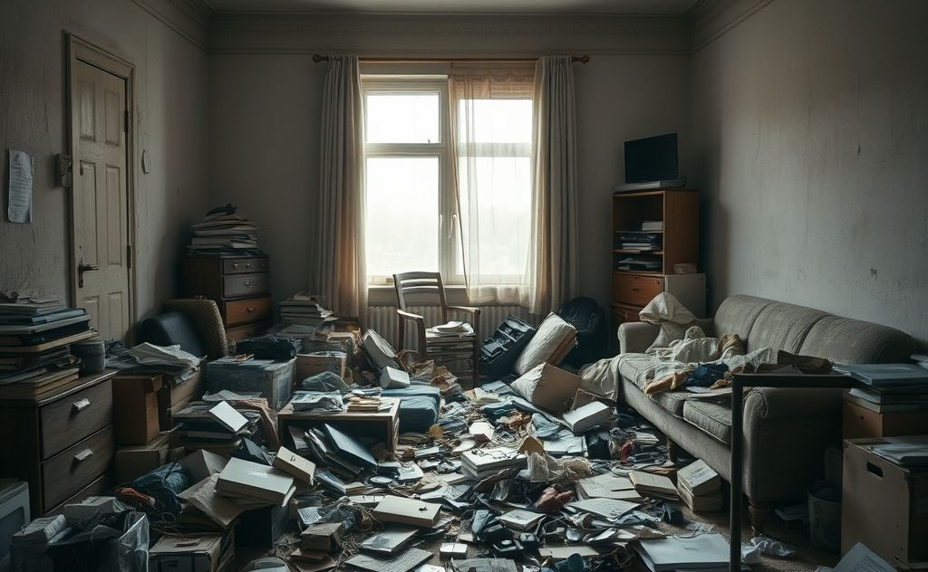 A cluttered room with scattered items impacting mental well-being.