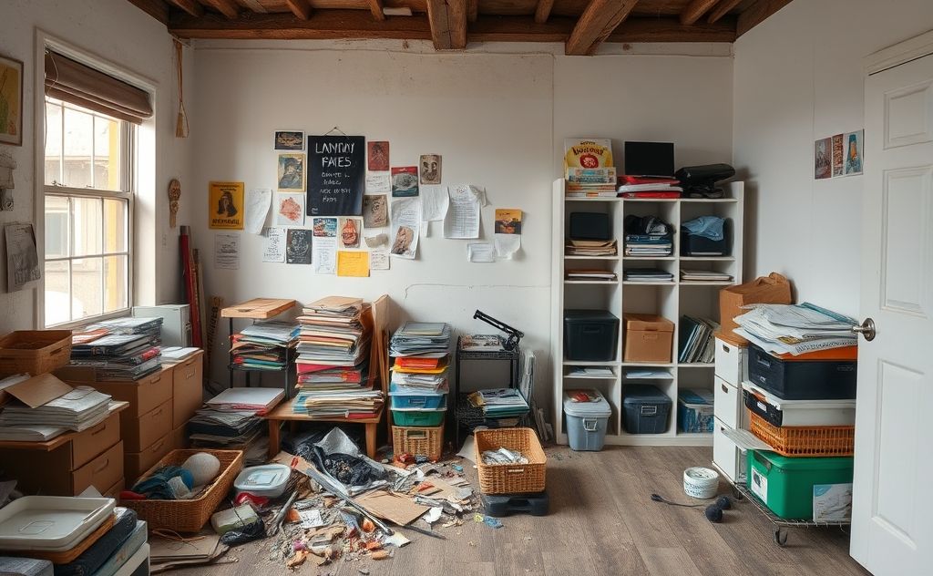 A cluttered room with scattered items next to an organized space.
