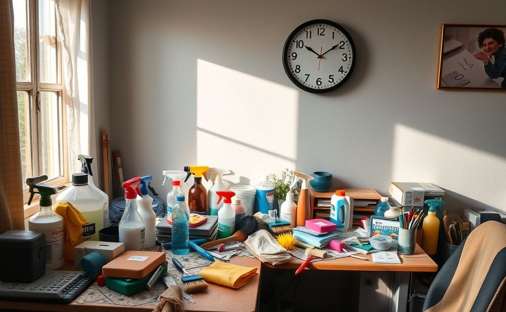 A cluttered workspace with cleaning supplies and a clock showing time.