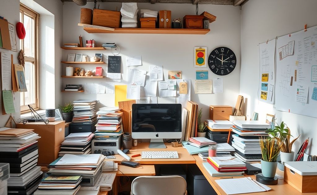 A cluttered workspace with organized items and a serene atmosphere.