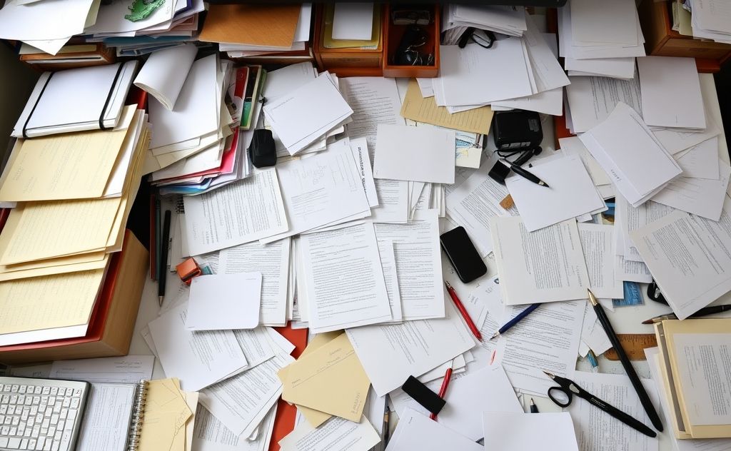 A cluttered workspace with scattered papers and disorganized items.