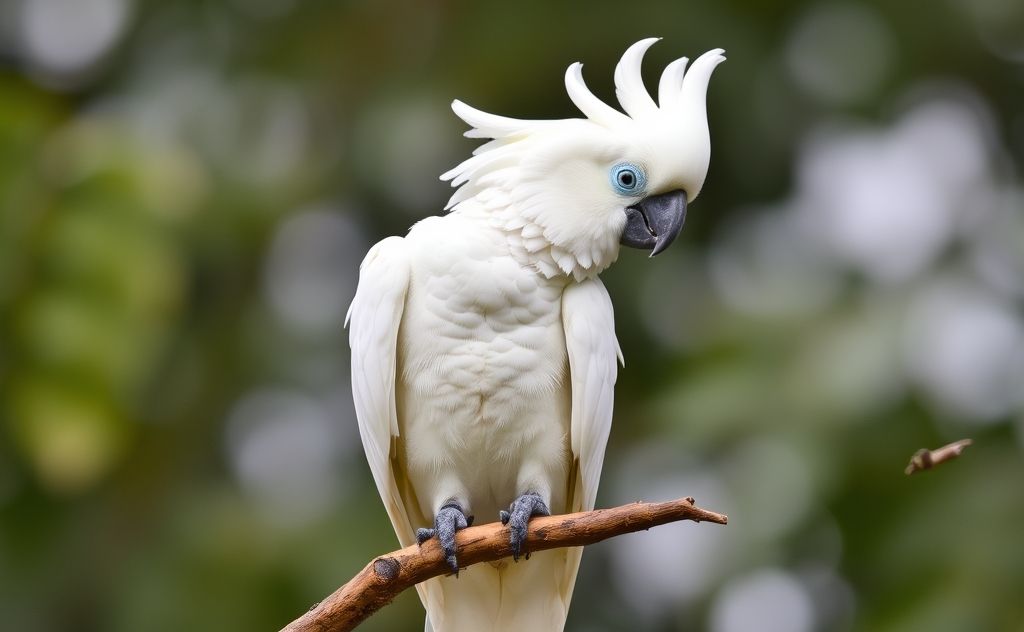 A cockatoo perched on a branch with a gentle demeanor.