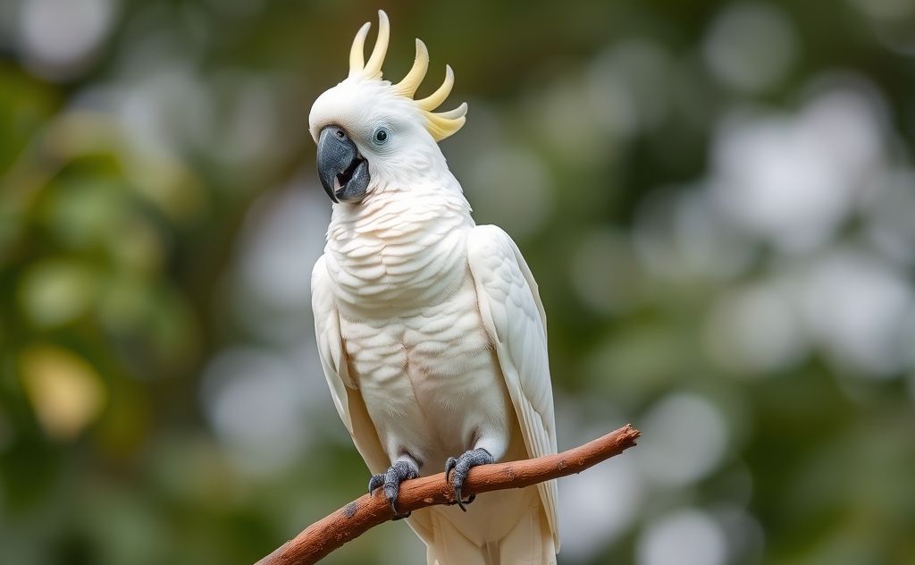 A cockatoo perched on a branch, mimicking speech with its beak open.