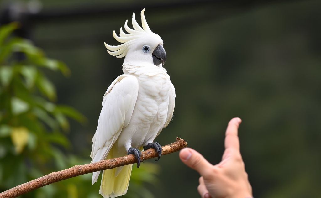 A cockatoo perched on a branch, responding to a trainer's call.