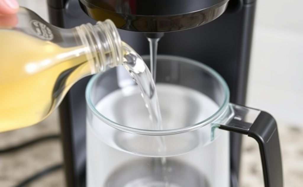 A coffee maker with vinegar being poured into the water reservoir.