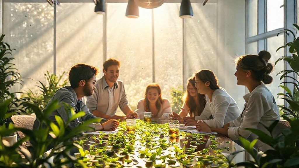 A collaborative workspace bathed in soft, celestial light. Colleagues, glowing with energy, share ideas amidst floating herbal tea leaves and verdant foliage, promoting unity and well-being.