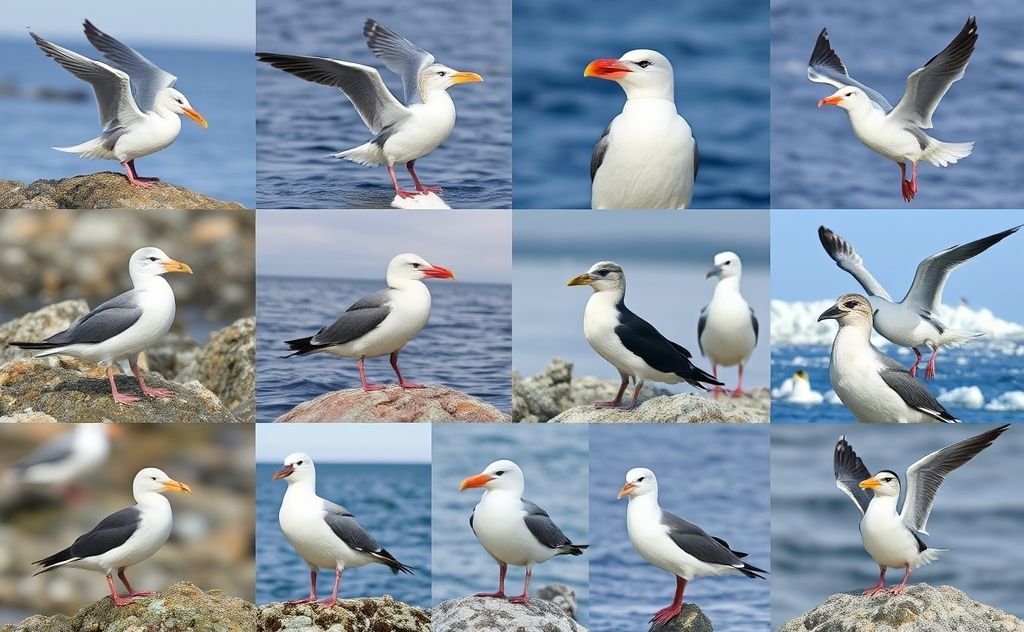 A collage of various arctic seabird species in their natural habitat.